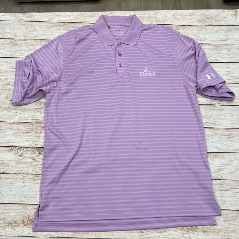Under Armour HeatGear Mens Lavender‎ Stripe Golf Polo Shirt StoneRidge Logo MD